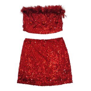 Red Sequin Tube Top & Mini Skirt Set With Ornament Fringe, for women, Size L.